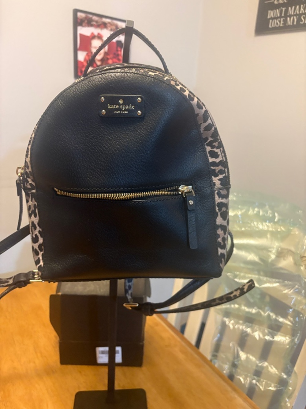 kate spade Black and Leopard Print Mini Backpack